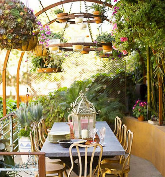 Fleurs suspendues dans un jardin en été