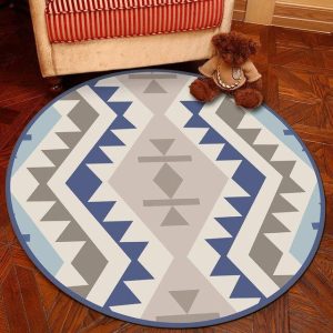 Grand Tapis Rond Design Nordique Bleu et Gris