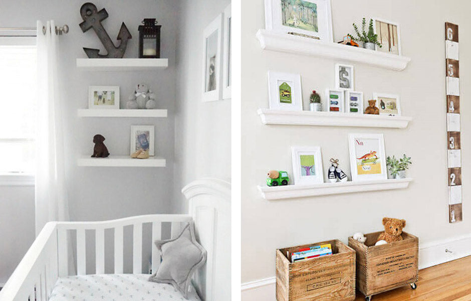 Idée décoration chambre bébé garçon avec étagères murales