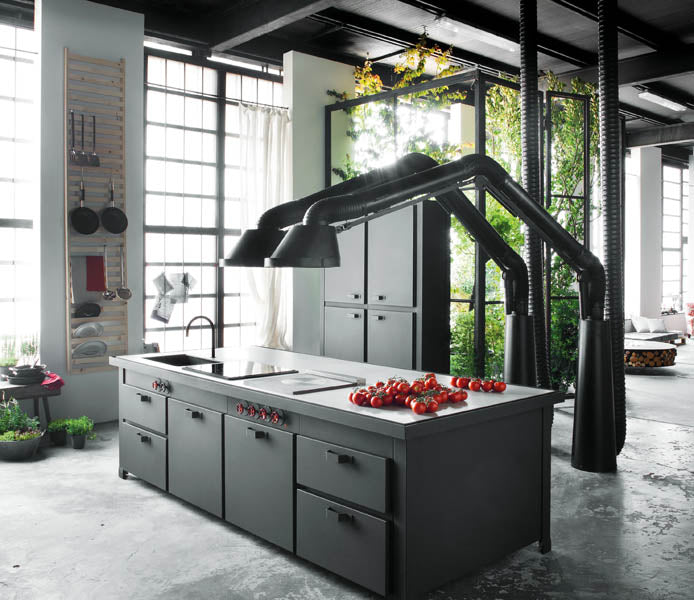 Idée décoration cuisine thème industriel avec luminaire noir