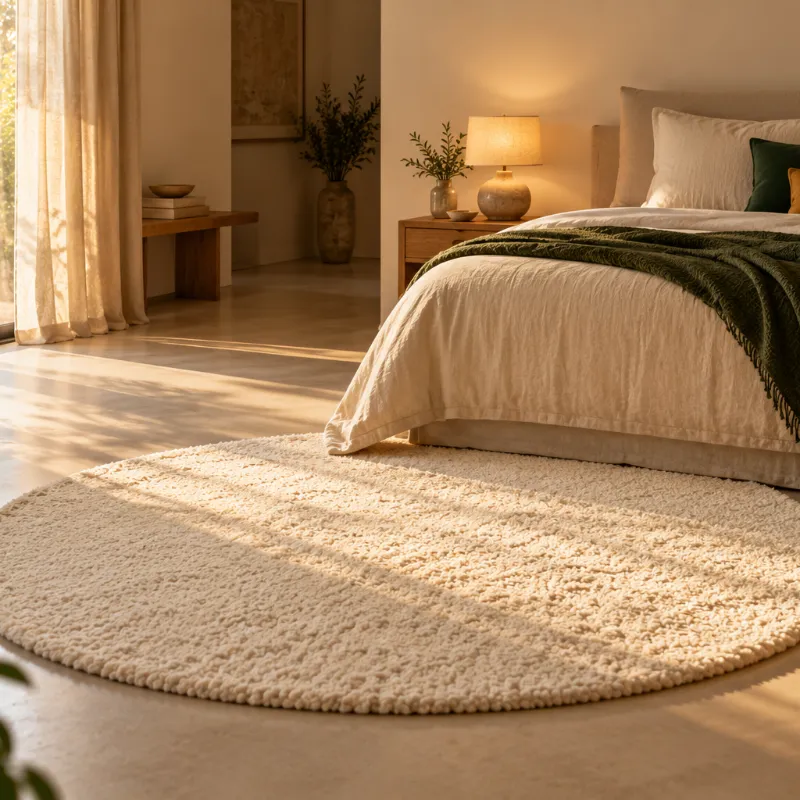 Tapis rond en laine écrue au pied d’un lit en lin