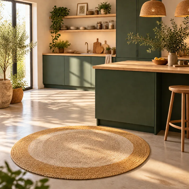 Tapis rond en coton tressé devant l’îlot d’une cuisine vert forêt