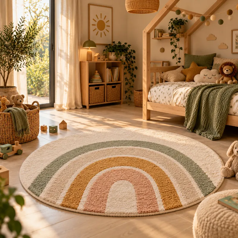 Tapis rond arc-en-ciel pastel dans une chambre d’enfant