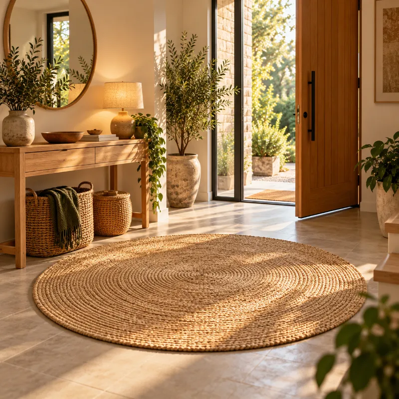 Tapis rond en jute naturel dans une entrée lumineuse