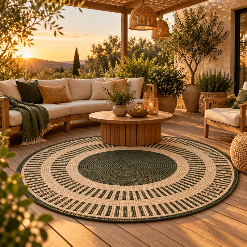 Tapis rond d’extérieur graphique sur une terrasse en bois