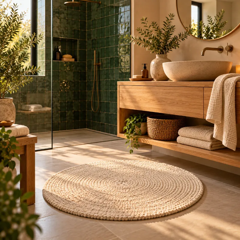 Tapis de bain rond en coton bouclé écru