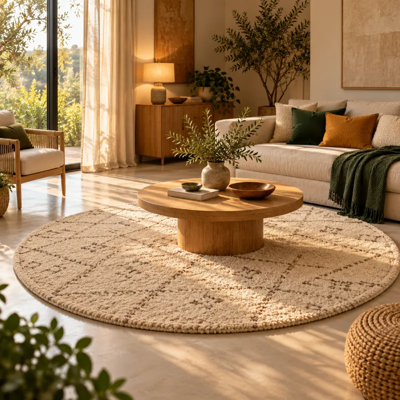 Tapis rond berbère beige sous une table basse ronde dans un salon
