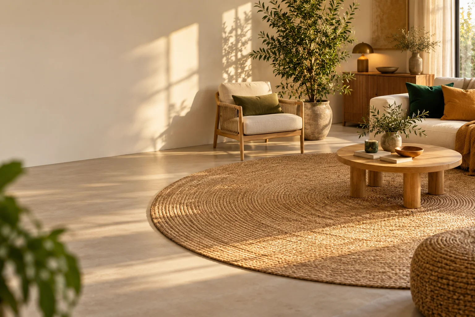 Grand tapis rond en jute tressé dans un salon lumineux aux tons sable et vert forêt