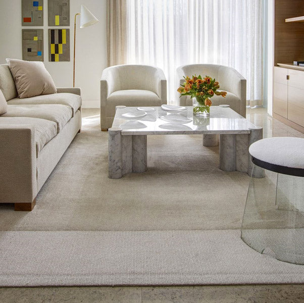 Tapis avec un ton neutre et une épaisse bordure couleur ivoire