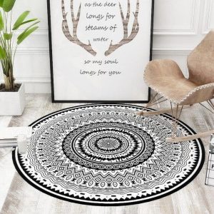 Tapis Rond Style Mandala Noir et Blanc