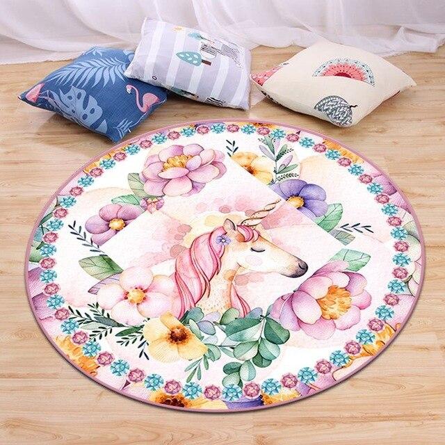 Tapis Rond Licorne & Fleurs